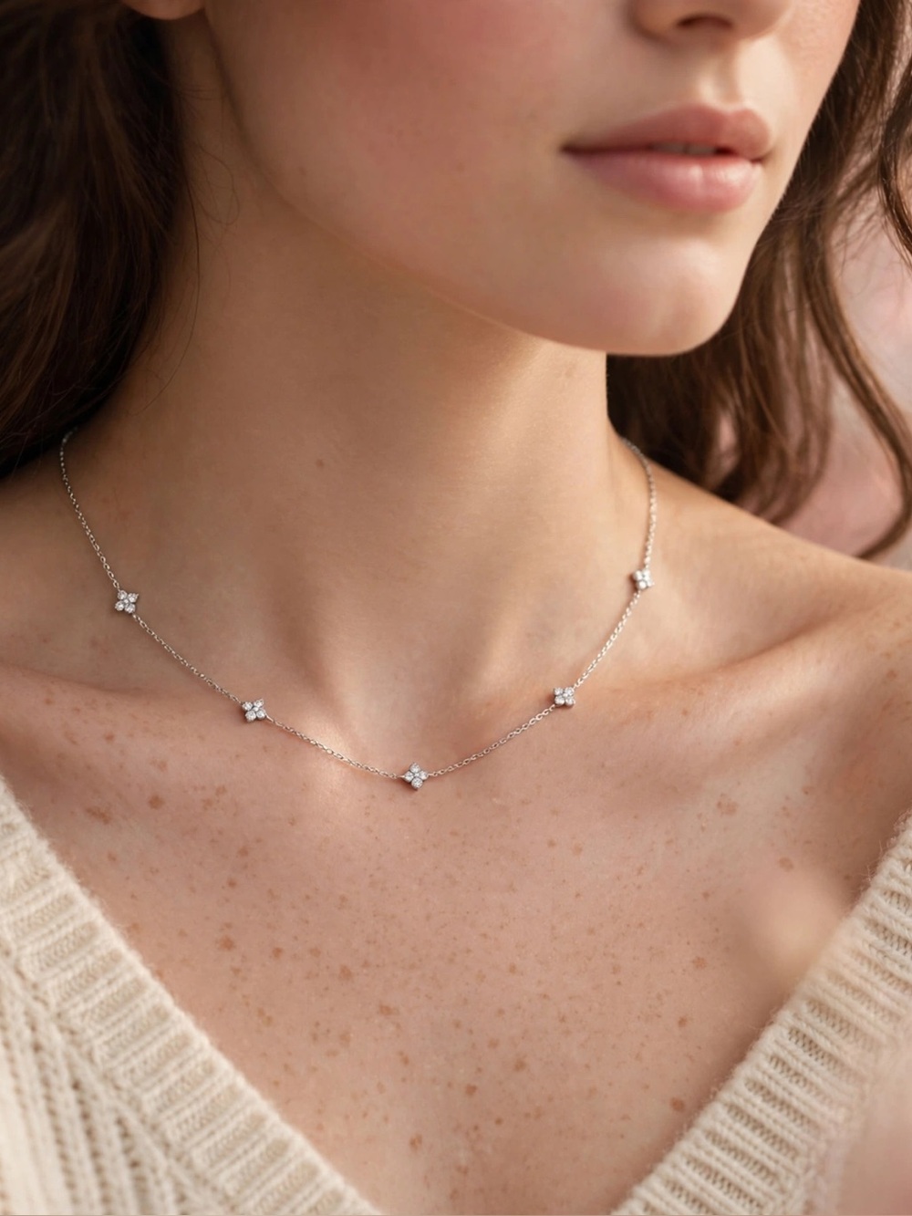 Silver Flower Station Necklace — 925 Sterling Silver